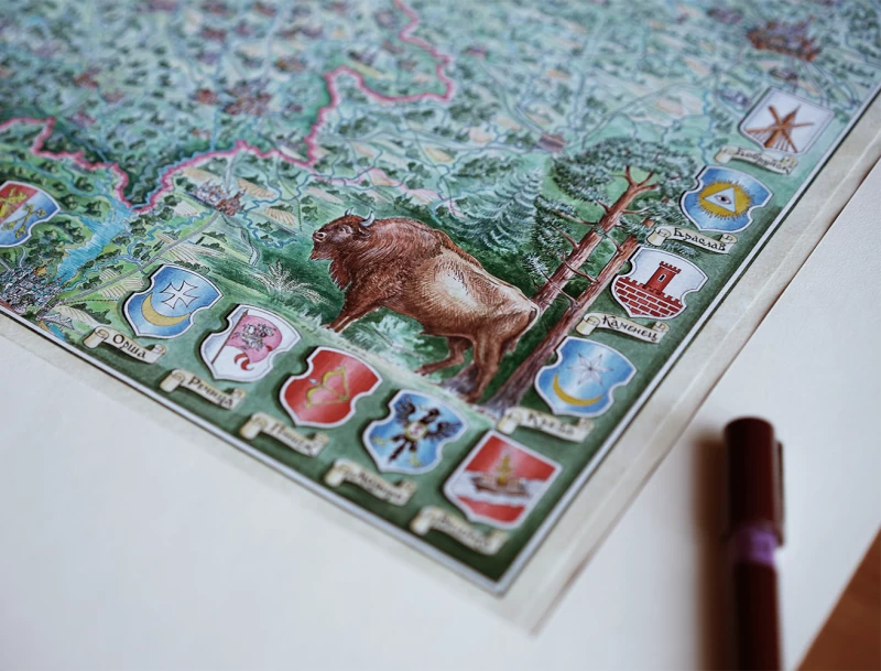 Corner detail of the Belarus panoramic map print with a European bison and town coats of arms