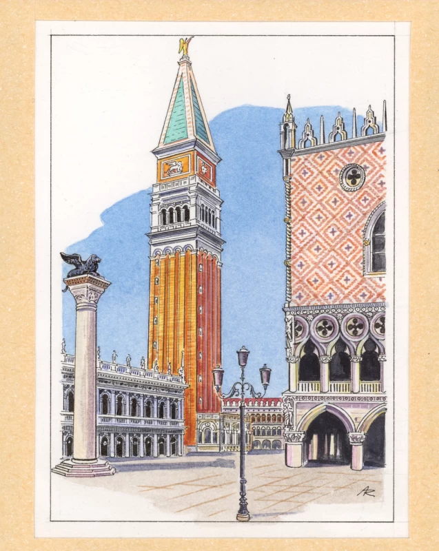 Hand-drawn illustration of St Mark's Campanile and Doge's Palace, Venice