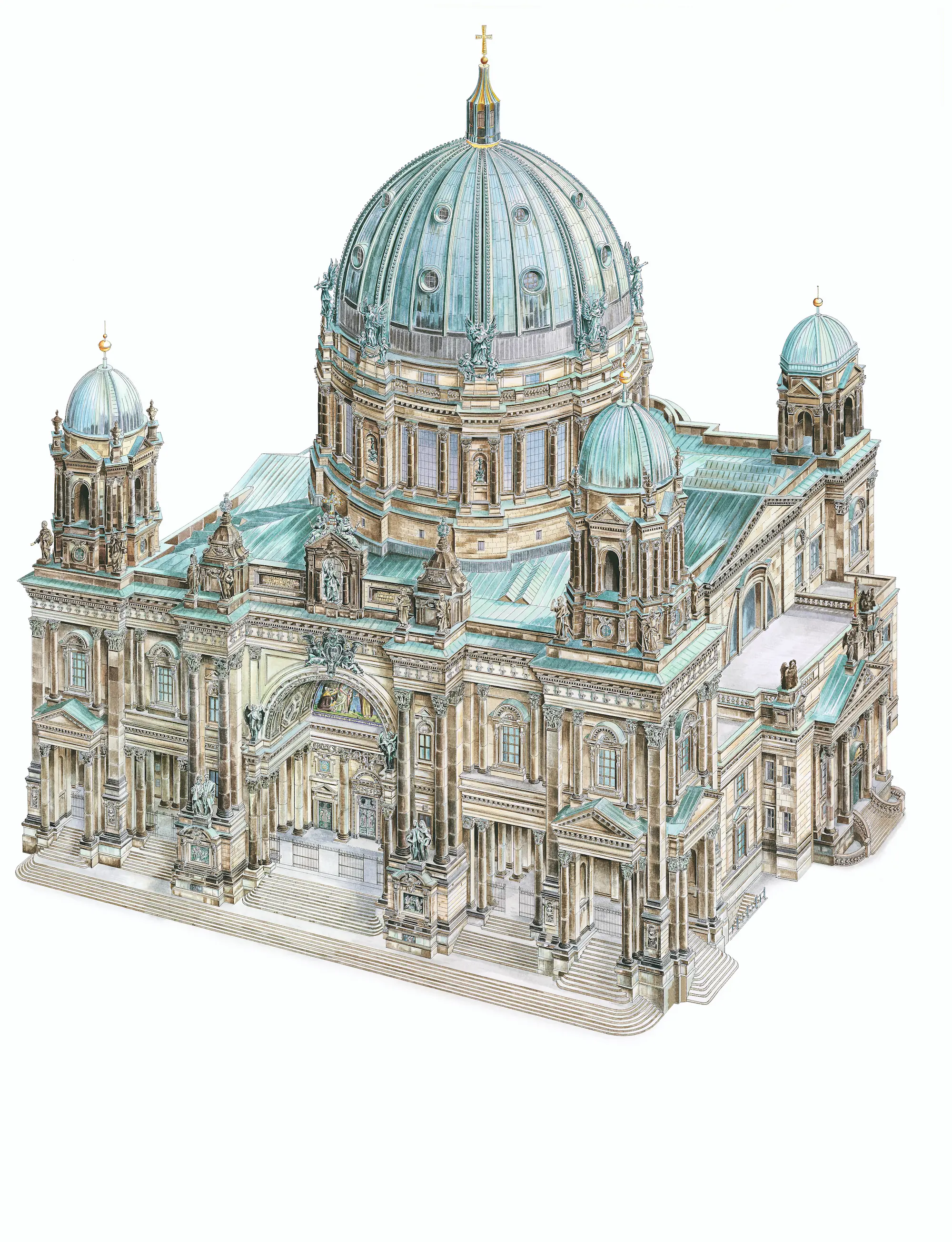 Hand-drawn cutaway illustration of the Berliner Dom (Berlin Cathedral) by Ruben Atayan, 2005, showing the dome interior and Hohenzollern crypt
