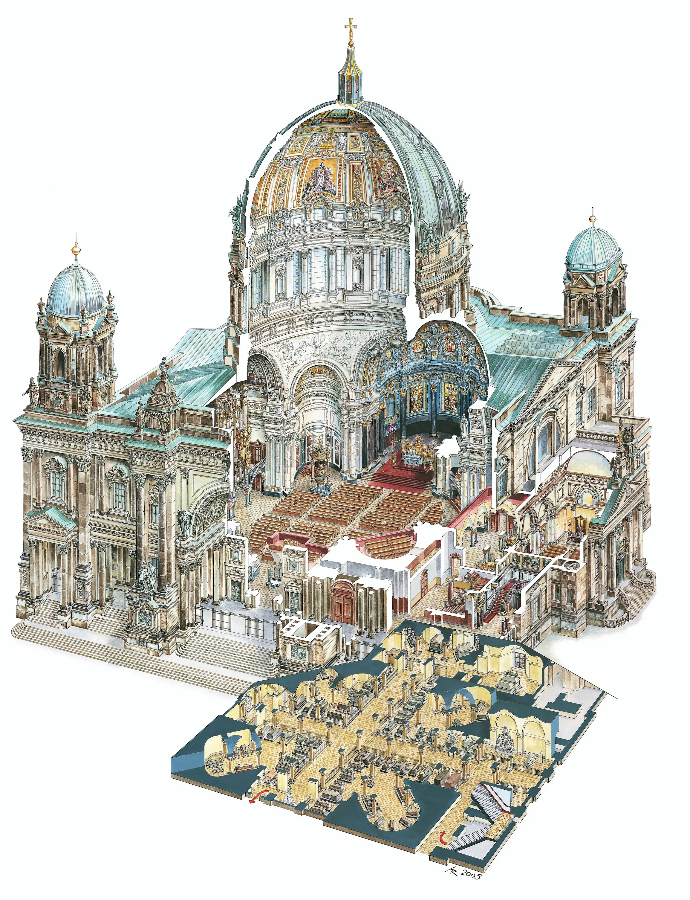 Hand-drawn cutaway illustration of the Berliner Dom (Berlin Cathedral) by Ruben Atayan, 2005, showing the dome interior and Hohenzollern crypt