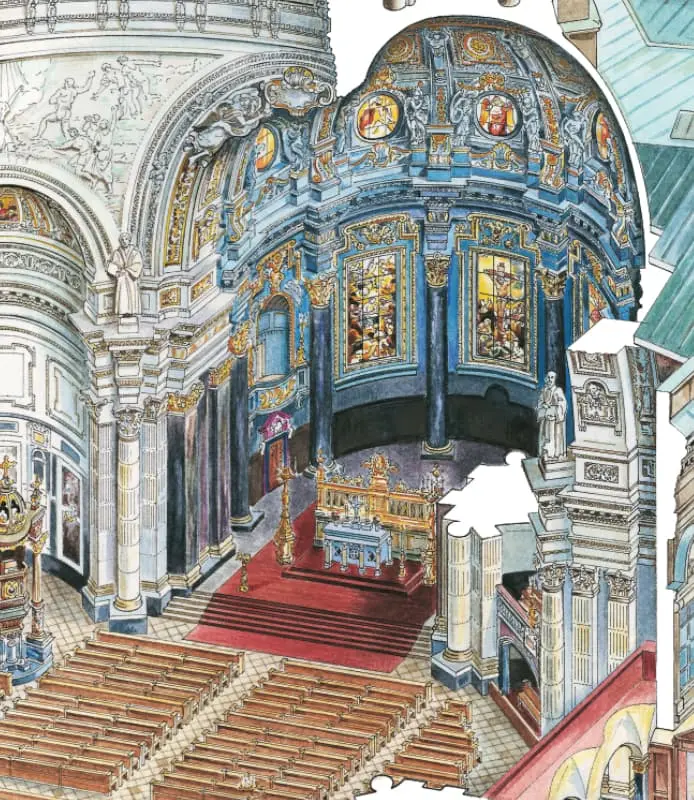 Hand-drawn cutaway illustration of the Berliner Dom (Berlin Cathedral) by Ruben Atayan, 2005, showing the dome interior and Hohenzollern crypt