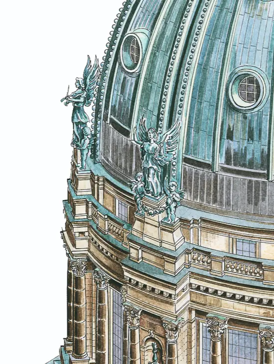Hand-drawn cutaway illustration of the Berliner Dom (Berlin Cathedral) by Ruben Atayan, 2005, showing the dome interior and Hohenzollern crypt