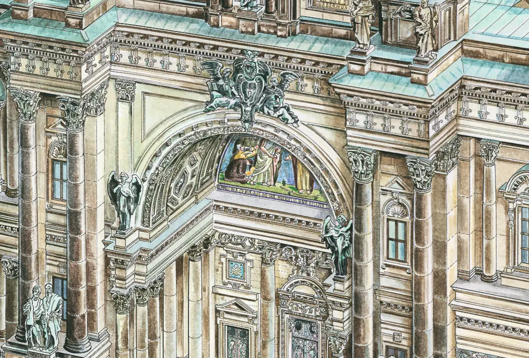 Hand-drawn cutaway illustration of the Berliner Dom (Berlin Cathedral) by Ruben Atayan, 2005, showing the dome interior and Hohenzollern crypt
