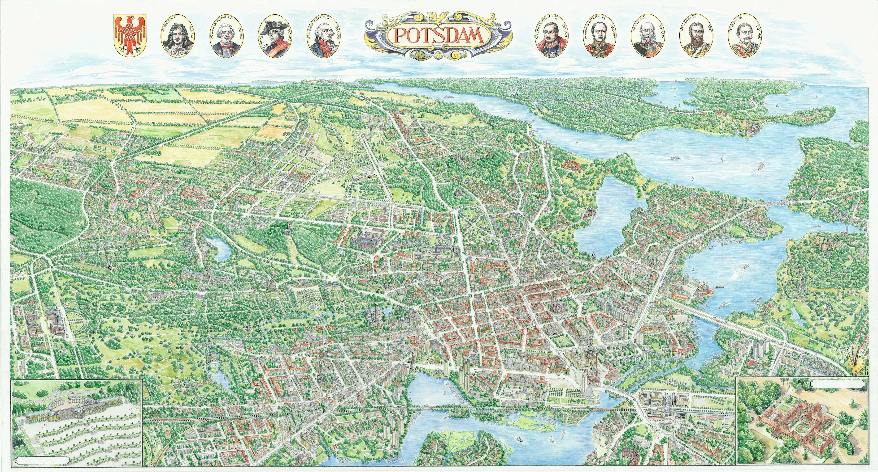 Hand-drawn panoramic map of Potsdam by Ruben Atayan, 2011, featuring Sanssouci Palace and the Nikolaikirche