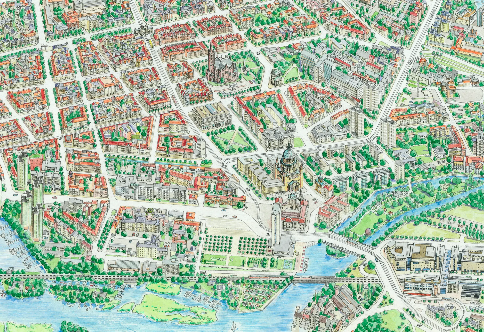 Hand-drawn panoramic map of Potsdam by Ruben Atayan, 2011, featuring Sanssouci Palace and the Nikolaikirche