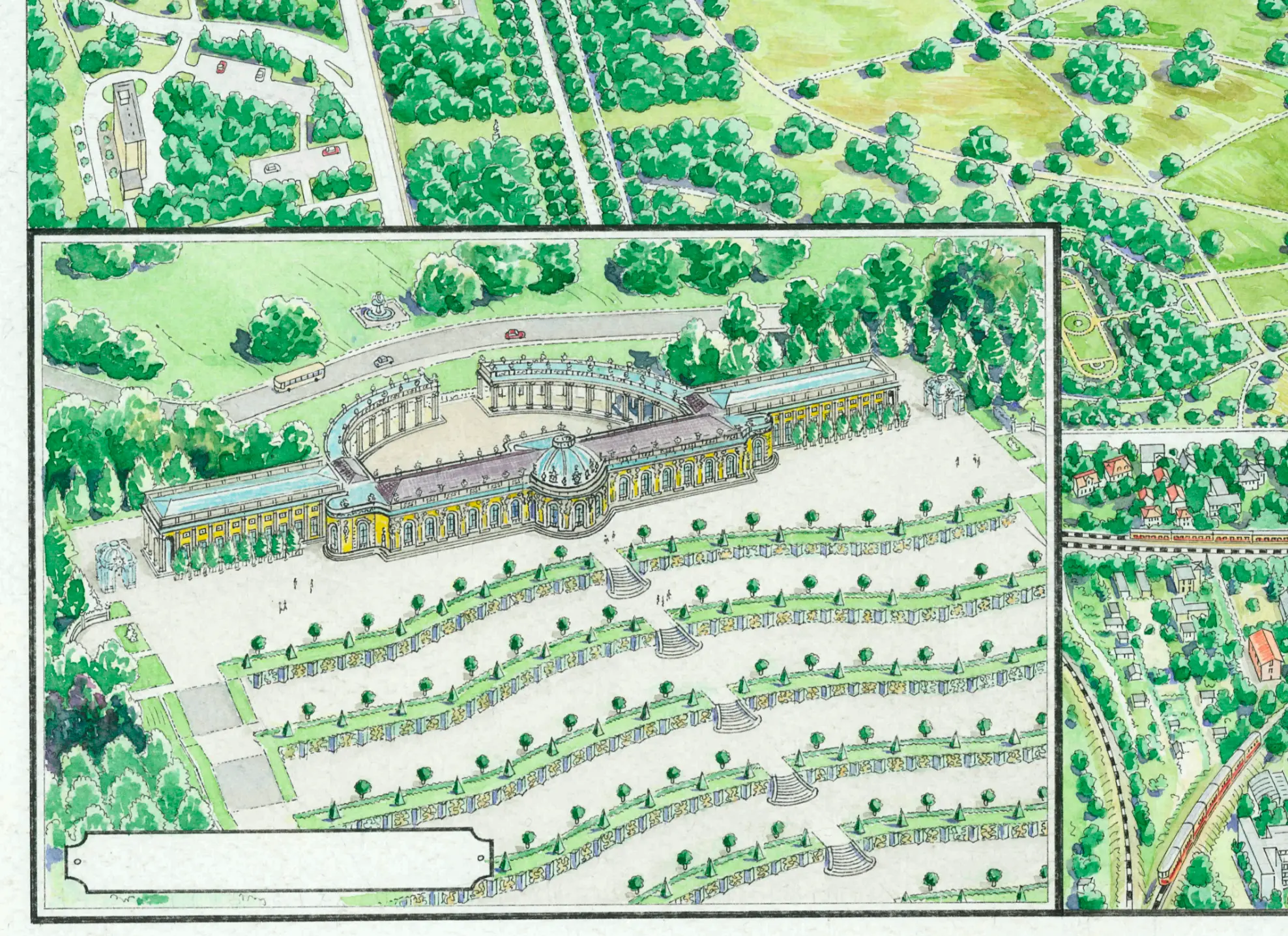 Hand-drawn panoramic map of Potsdam by Ruben Atayan, 2011, featuring Sanssouci Palace and the Nikolaikirche