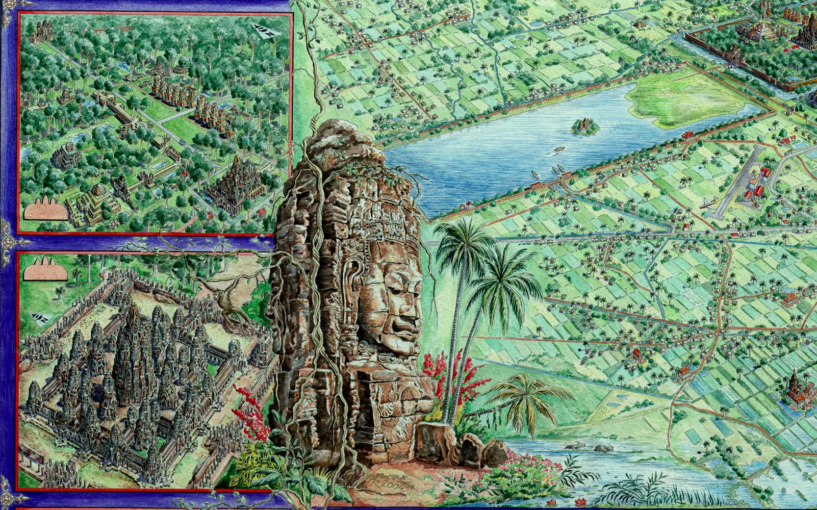 Hand-drawn panoramic map of Angkor Wat, Cambodia by Ruben Atayan, 2003