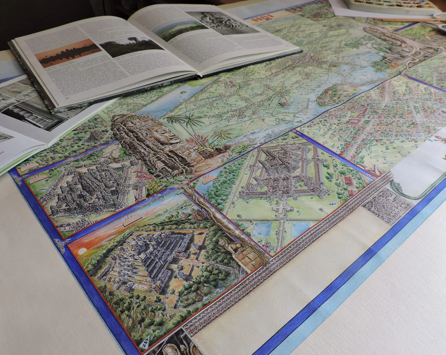 Hand-drawn panoramic map of Angkor Wat, Cambodia by Ruben Atayan, 2003