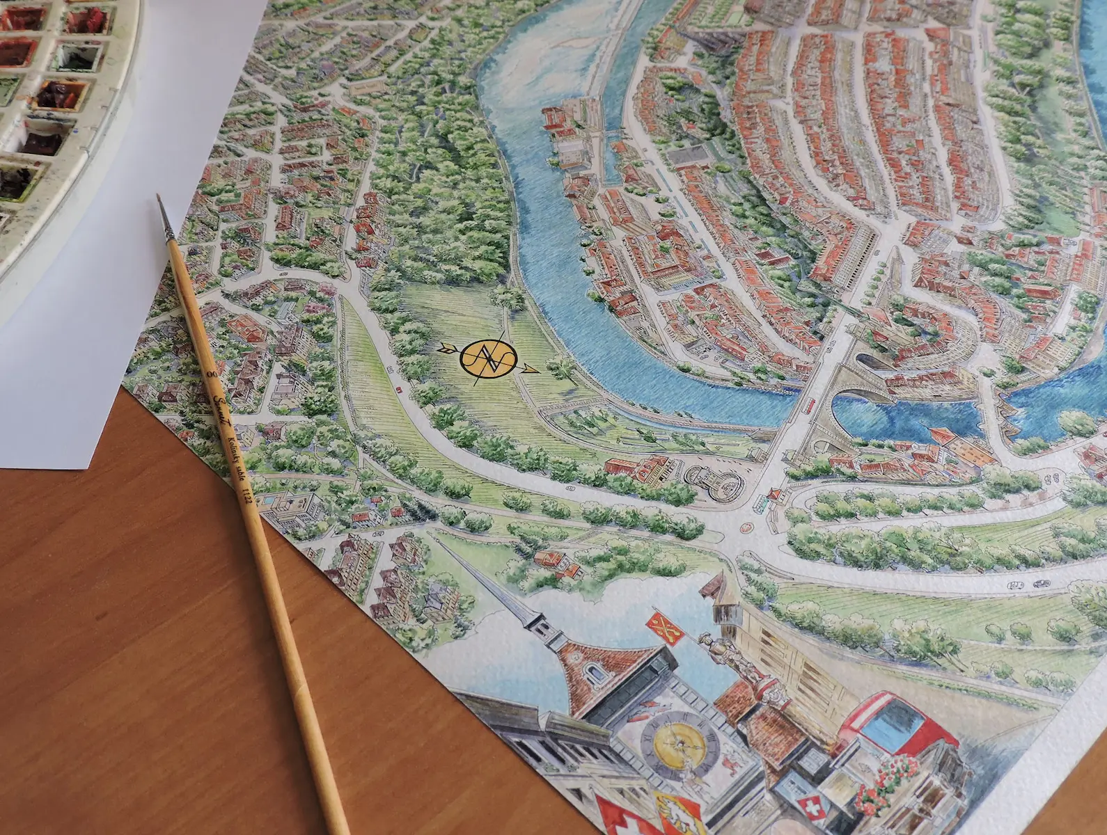 Hand-drawn panoramic map of Bern by Ruben Atayan, 2011
