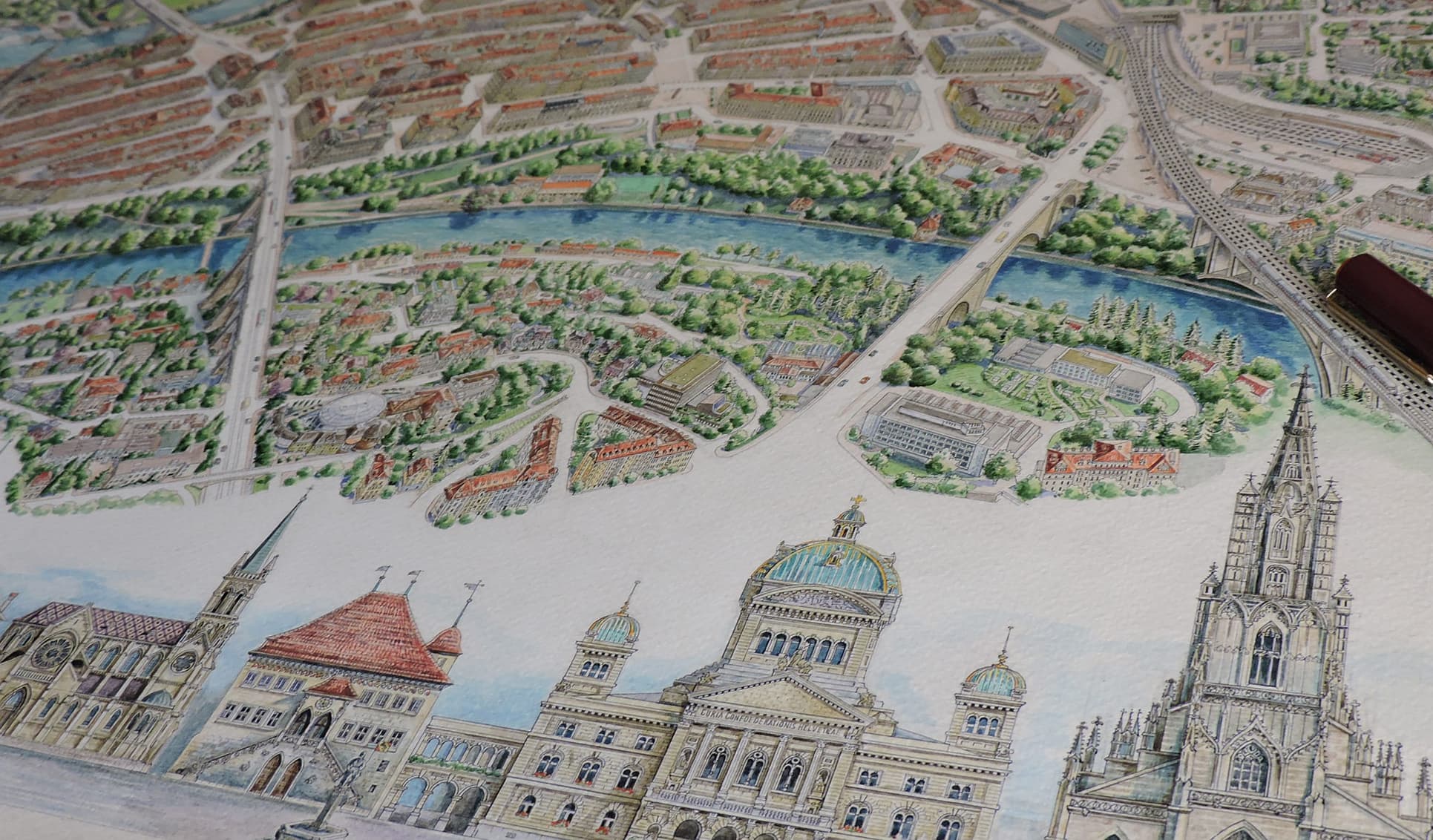 Hand-drawn panoramic map of Bern by Ruben Atayan, 2011