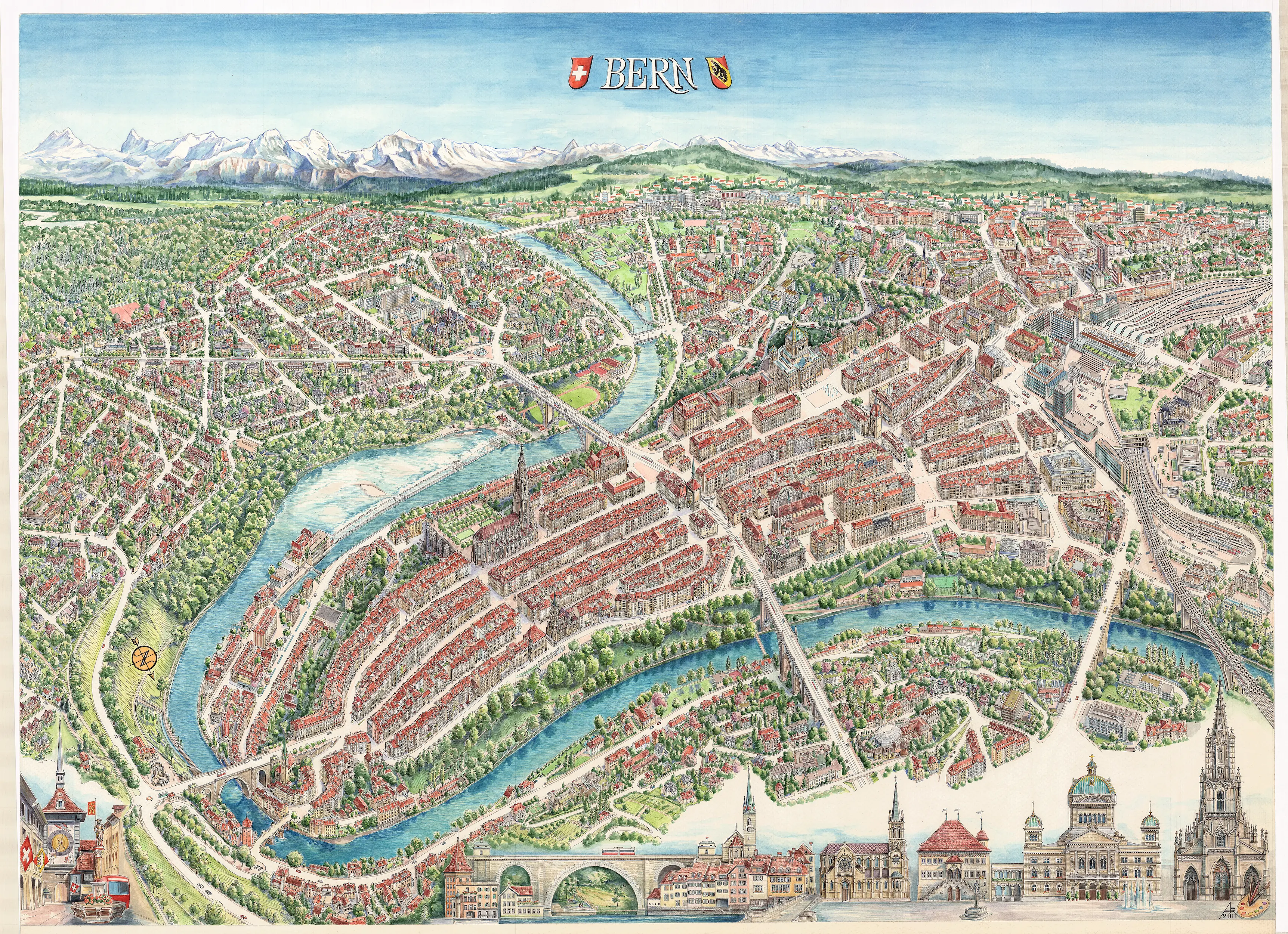 Hand-drawn panoramic map of Bern by Ruben Atayan, 2011