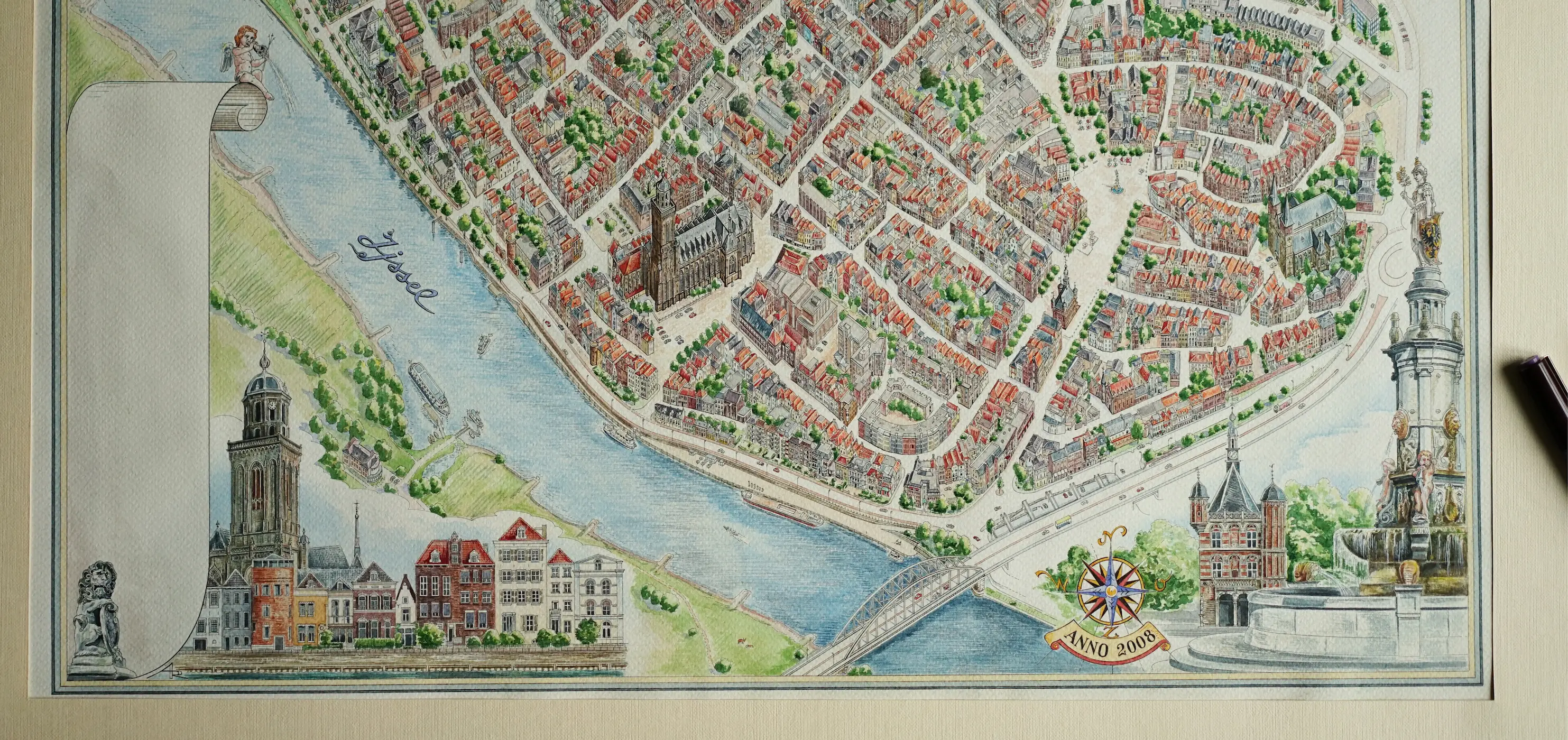 Hand-drawn panoramic map of Deventer, Netherlands by Ruben Atayan, 2008