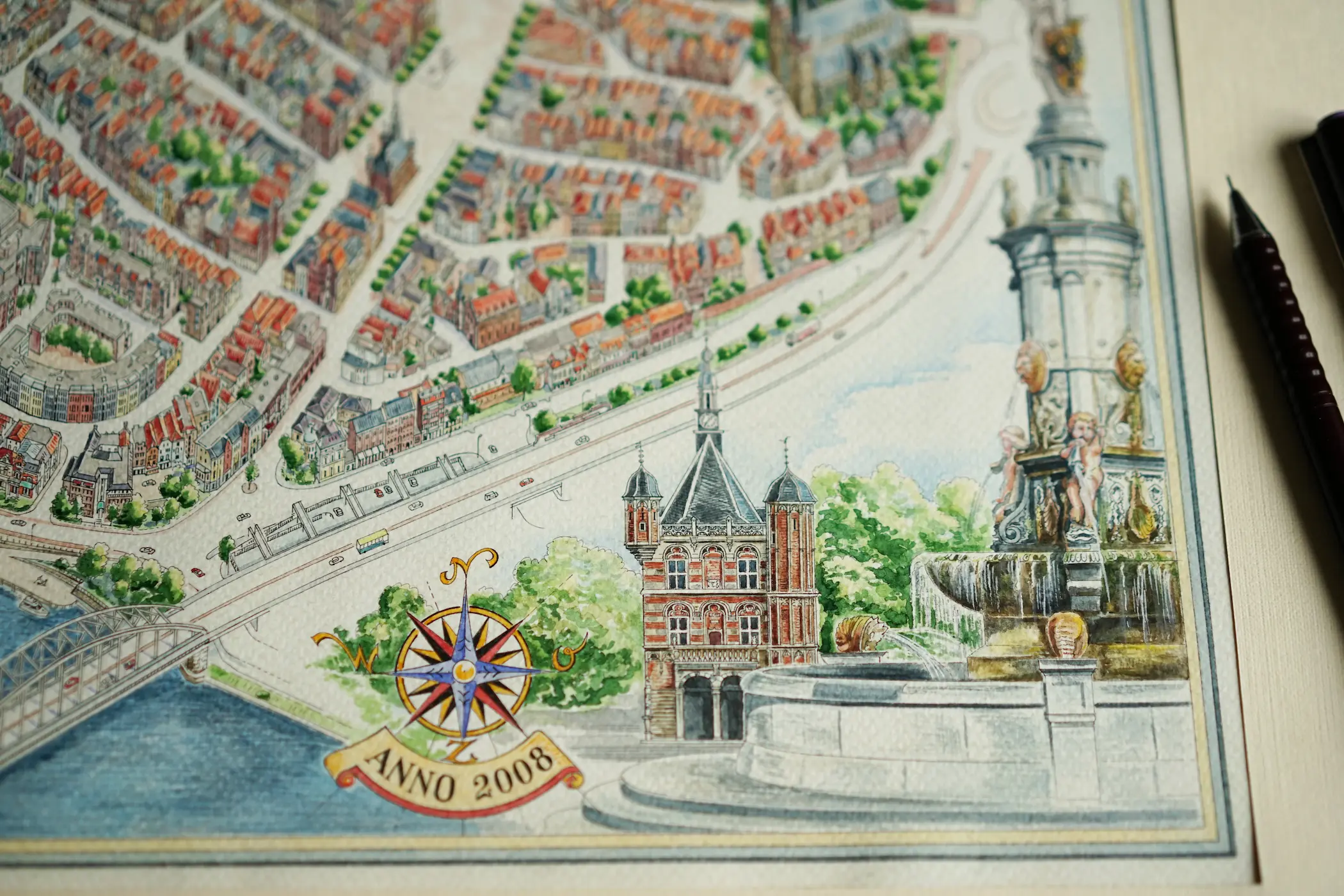 Hand-drawn panoramic map of Deventer, Netherlands by Ruben Atayan, 2008