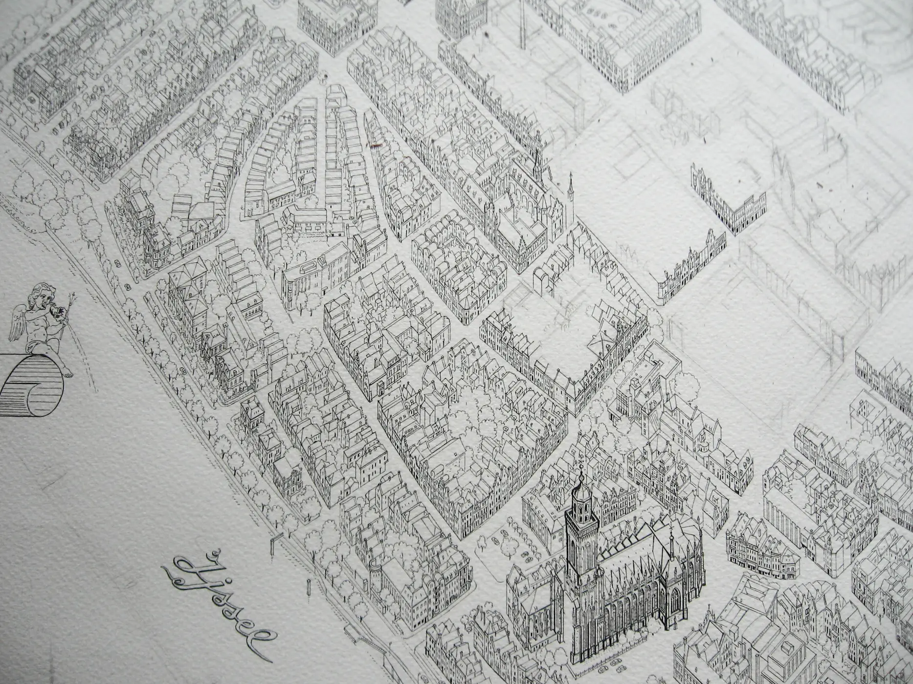 Hand-drawn panoramic map of Deventer, Netherlands by Ruben Atayan, 2008