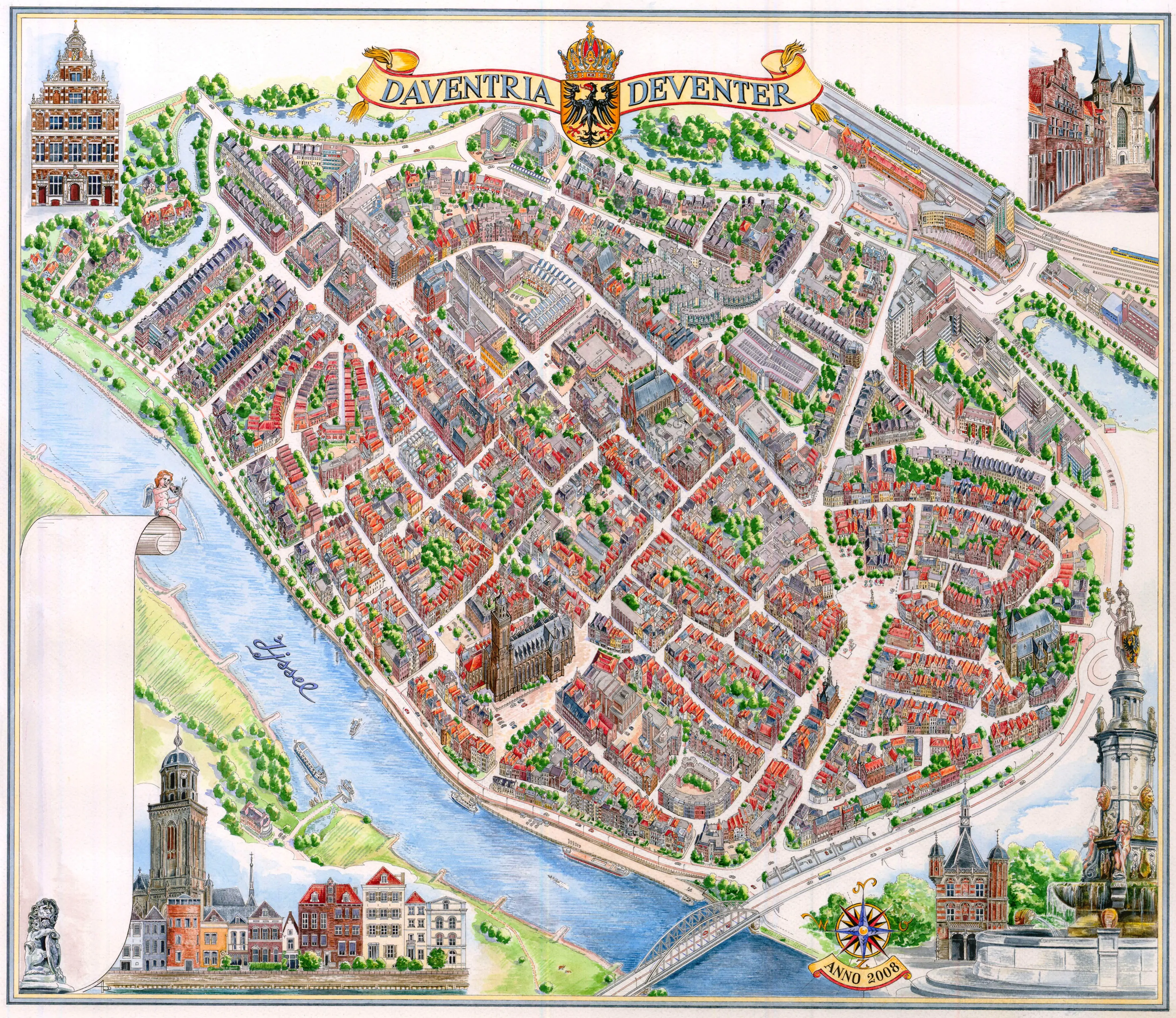 Hand-drawn panoramic map of Deventer, Netherlands by Ruben Atayan, 2008