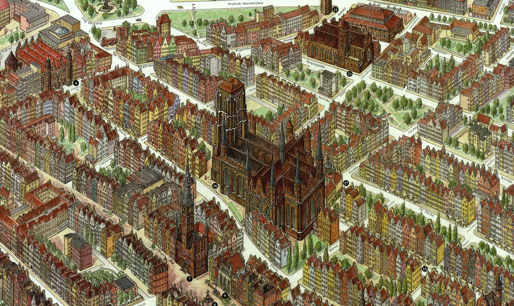 Hand-drawn panoramic map of Gdańsk, Poland by Ruben Atayan, 1994