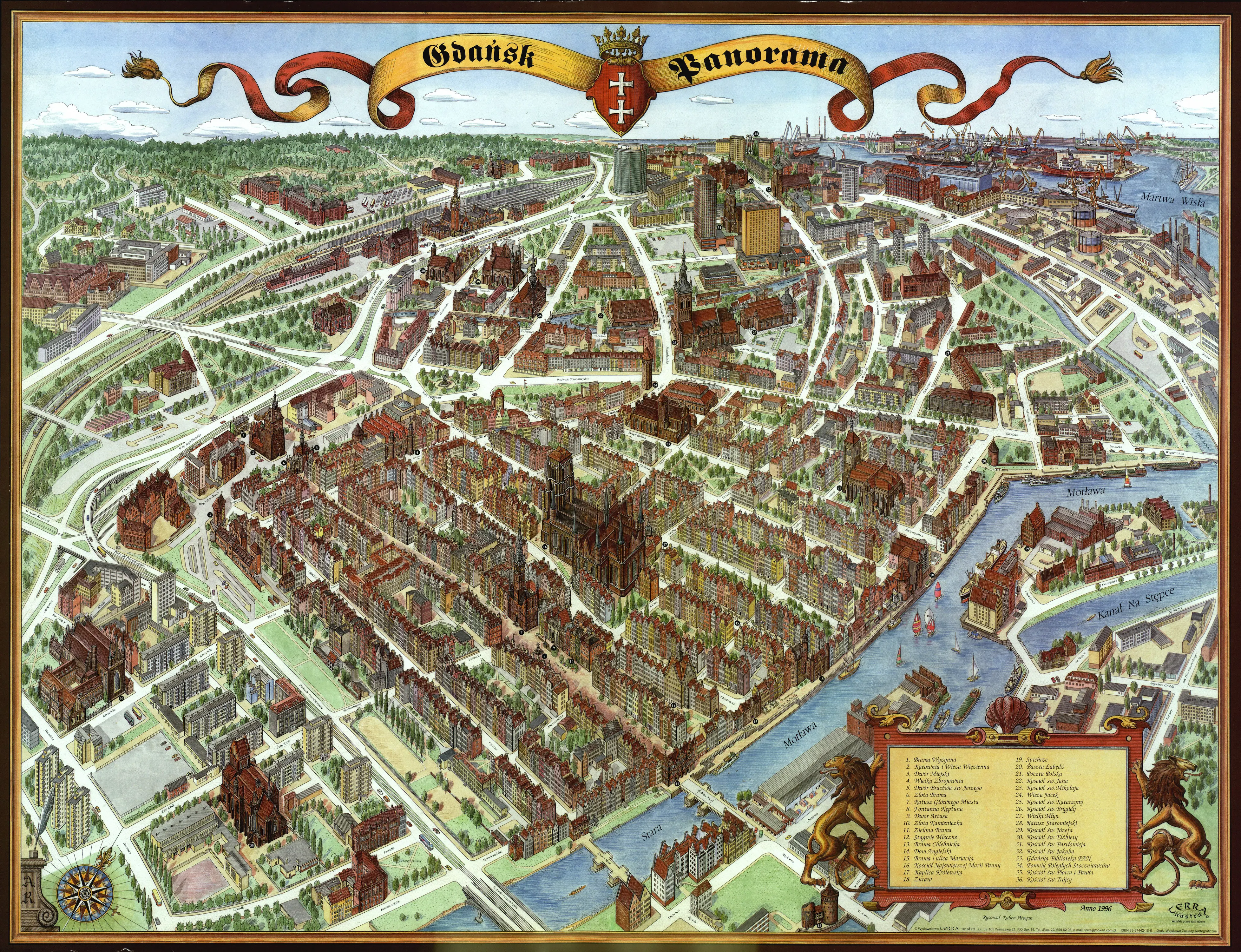 Hand-drawn panoramic map of Gdańsk, Poland by Ruben Atayan, 1994