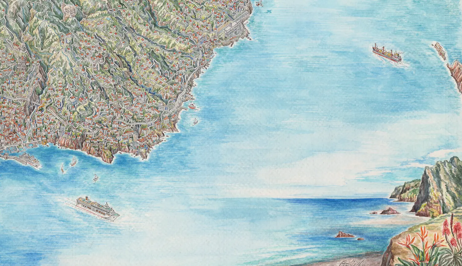 Hand-drawn panoramic map of Madeira Island by Ruben Atayan, 2023