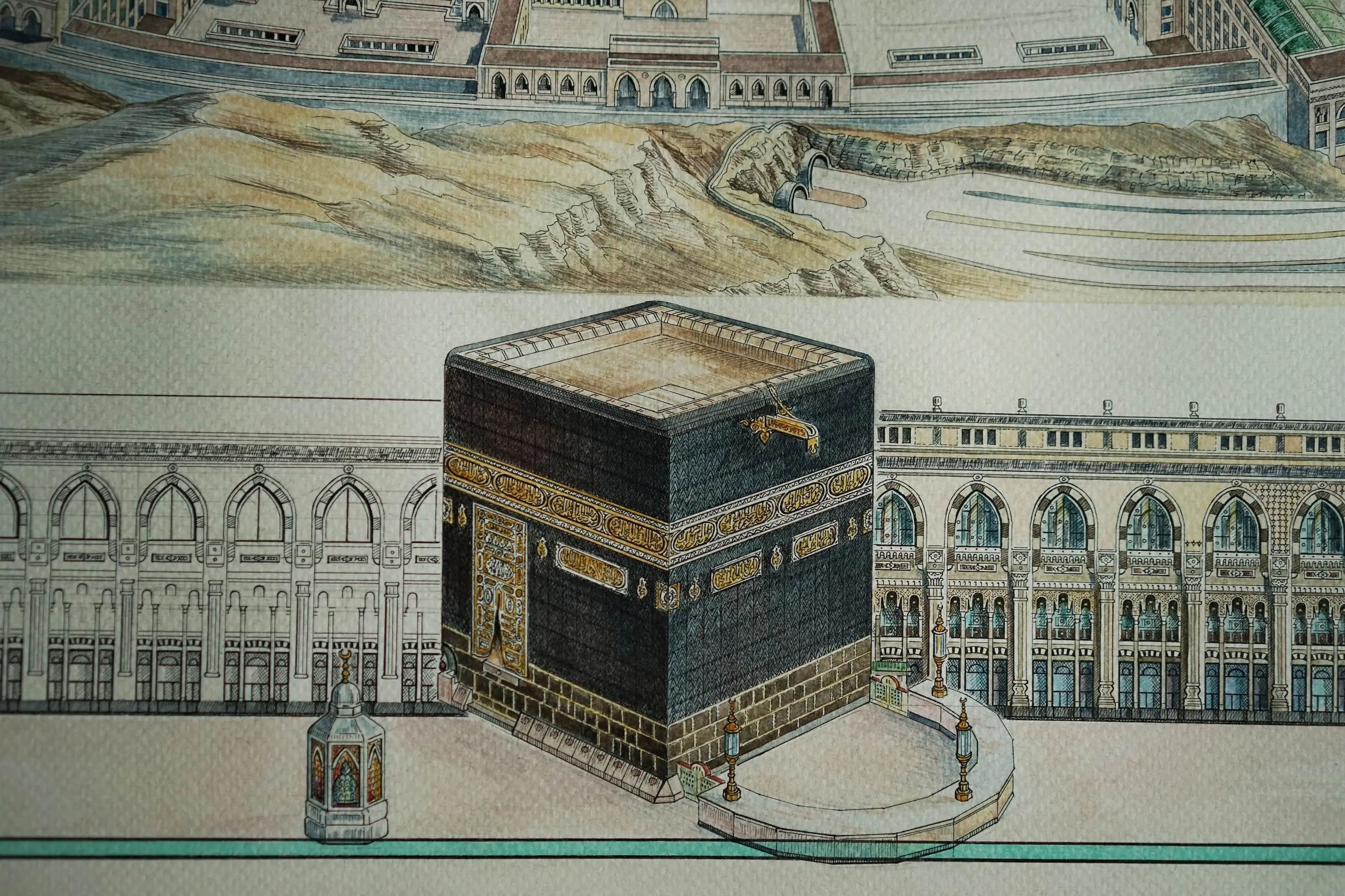 Hand-drawn panoramic map of Mecca and the Grand Mosque area by Ruben Atayan, commissioned by Saudi Arabia, 2017