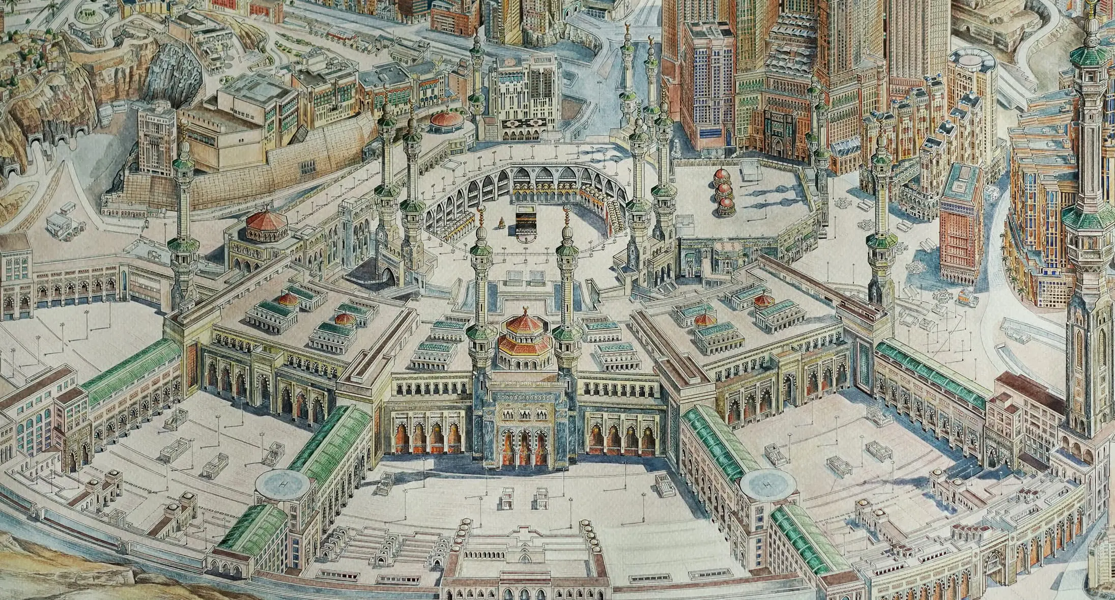Hand-drawn panoramic map of Mecca and the Grand Mosque area by Ruben Atayan, commissioned by Saudi Arabia, 2017