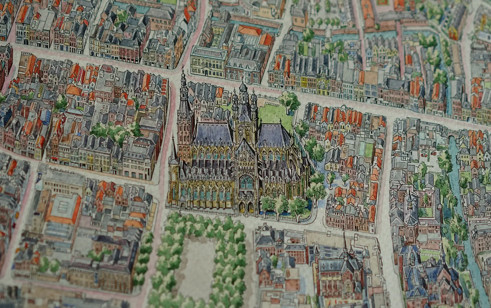 Hand-drawn panoramic map of 's-Hertogenbosch by Ruben Atayan, 2015, featuring Sint-Janskathedraal and the Binnendieze canals