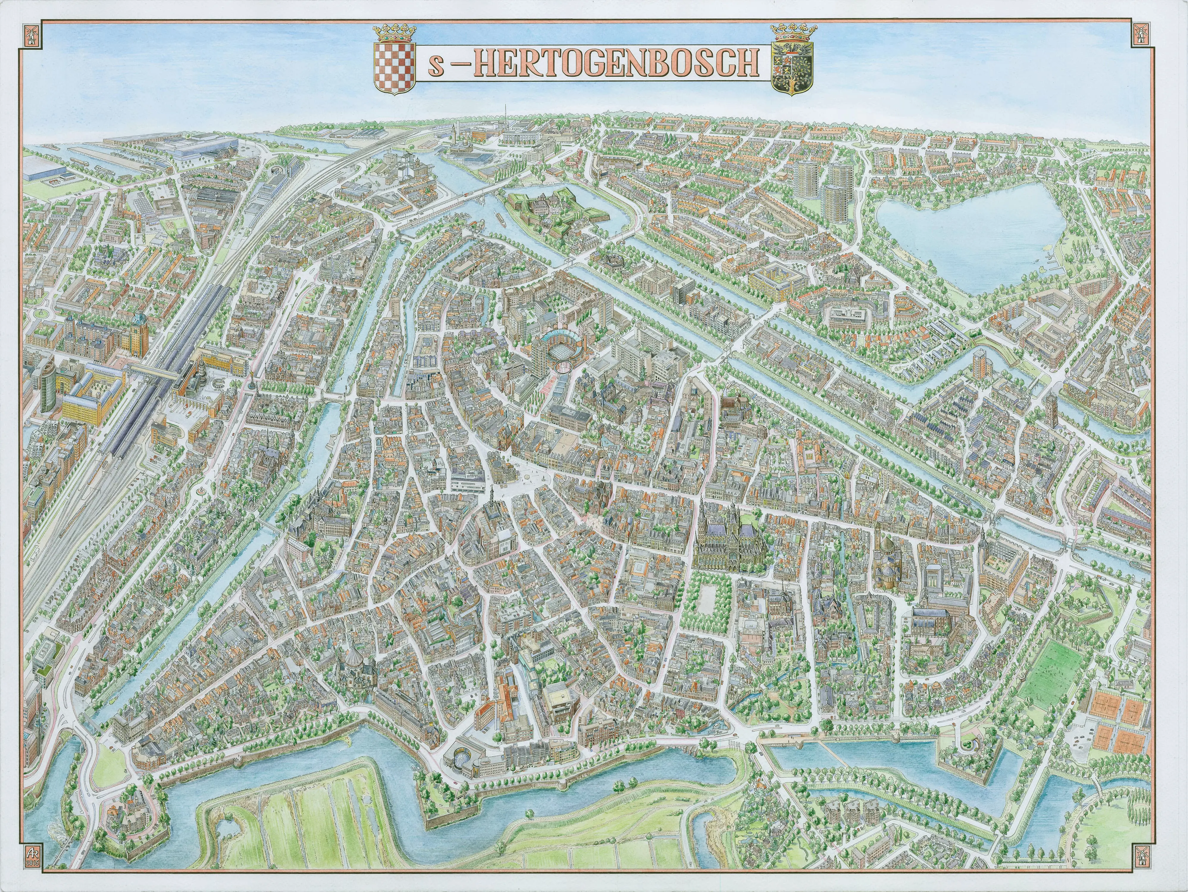 Hand-drawn panoramic map of 's-Hertogenbosch by Ruben Atayan, 2015, featuring Sint-Janskathedraal and the Binnendieze canals